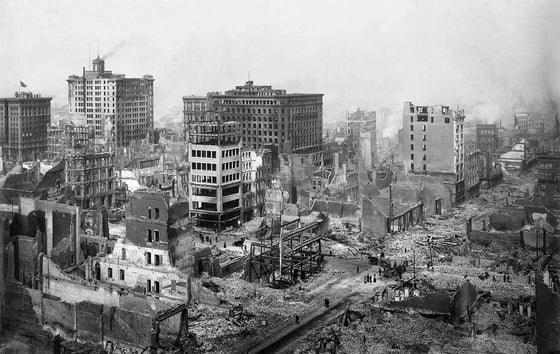 black and white imagery of a devastated cityscape